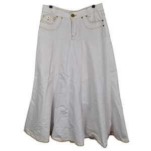 Vintage Cato White Denim Midi Skirt Sunflower Yellow Trim Pockets 8